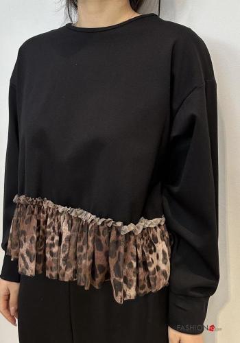 Animal print long sleeve crew neck tulle Long sleeved top