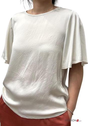 Satin u-boot ausschnitt kurze ärmel T-shirt