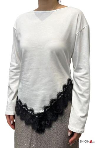 asymmetrical crew neck lace trim Cotton Long sleeved top - ph 1