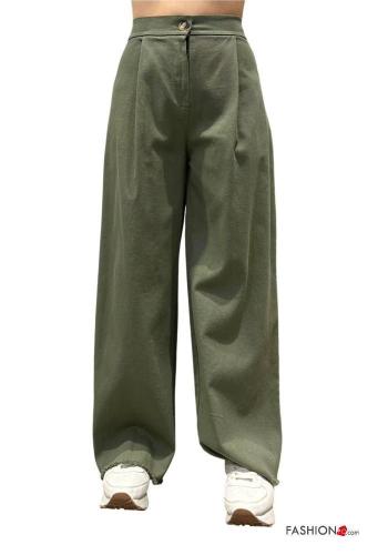 high waist wide leg Cotton Trousers with buttons with elastic with pockets