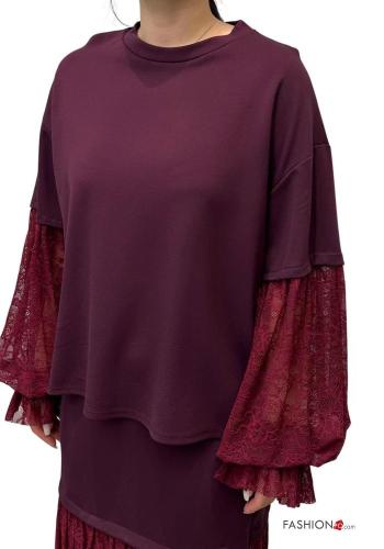 crew neck long sleeve puff sleeve lace trim Blouse - ph 1