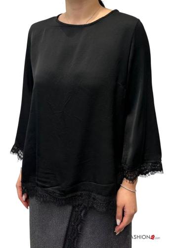 lace trim crew neck satin Blouse 3/4 sleeve