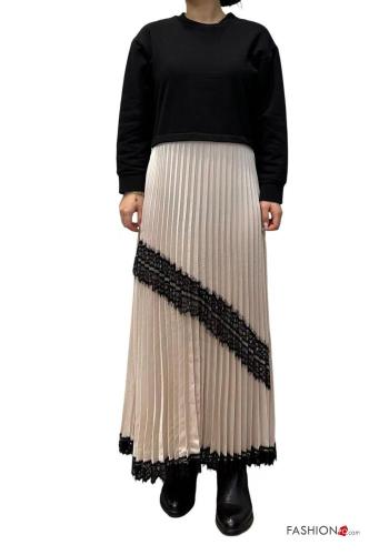 satin crew neck long sleeve lace trim pleated Cotton Dress - ph 1