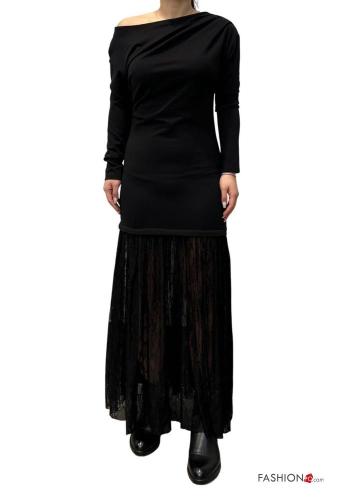 lace trim long sleeve Dress boat neckline