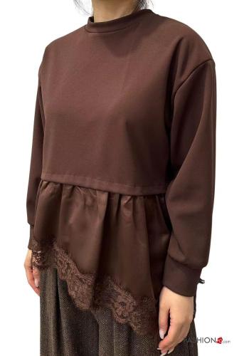 satin crew neck asymmetrical lace trim Long sleeved top - ph 1