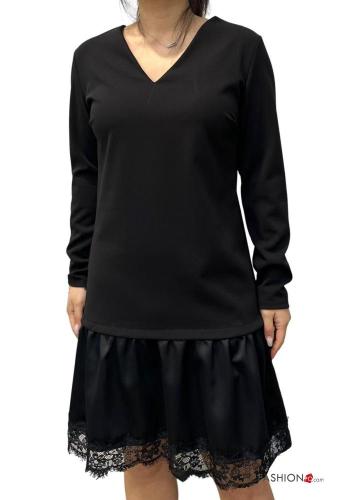 lace trim long sleeve satin Dress with v-neck - ph 1