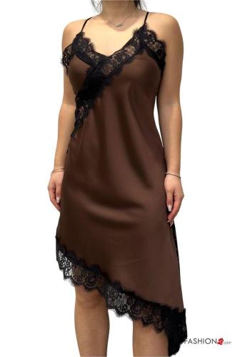 satin lace trim backless asymmetrical sleeveless Dress with split