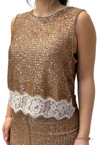 sleeveless crew neck lace trim Top with sequins