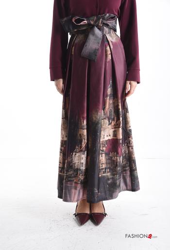 Places and countries print satin high waist Skirt with fabric belt