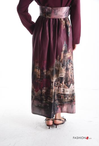 Places and countries print satin high waist Skirt with fabric belt - ph 2