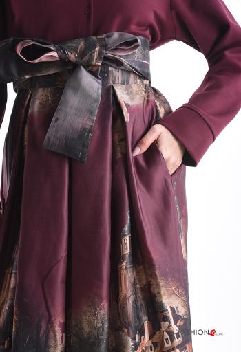 Places and countries print satin high waist Skirt with fabric belt - ph 4