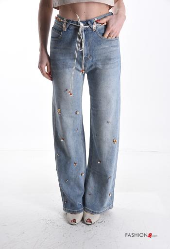 denim Cotton Jeans with rhinestones with buttons with zip with pockets with string with pearls with belt - ph 1