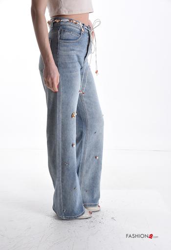denim Cotton Jeans with rhinestones with buttons with zip with pockets with string with pearls with belt - ph 3