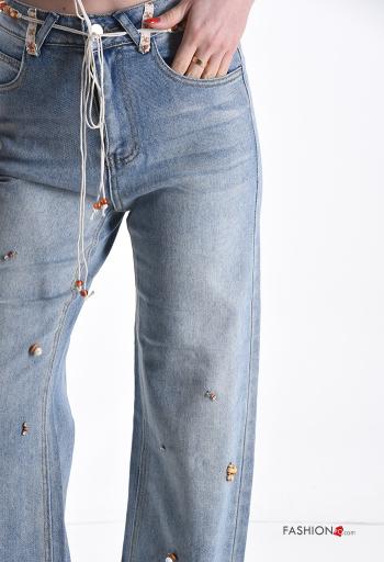 denim Cotton Jeans with rhinestones with buttons with zip with pockets with string with pearls with belt - ph 4