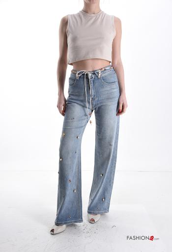 denim Cotton Jeans with rhinestones with buttons with zip with pockets with string with pearls with belt - ph 5