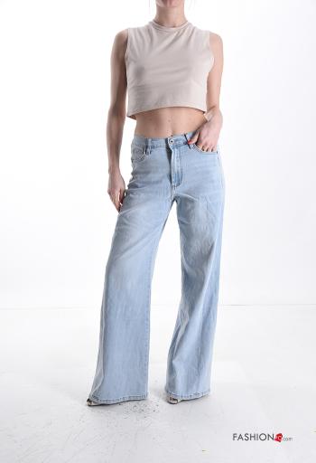 Jeans en Coton en denim wide leg à boutons avec fermeture éclair avec poches - ph 5