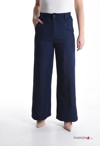 Calças em Algodão cintura subida wide leg com bolsos com botões com fecho - ph 1