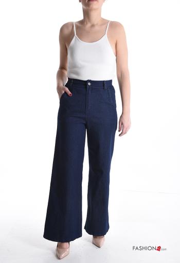 Calças em Algodão cintura subida wide leg com bolsos com botões com fecho - ph 5