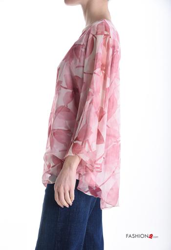 Blumenmuster volantärmel u-boot ausschnitt chiffon lange ärmel Bluse - ph 3