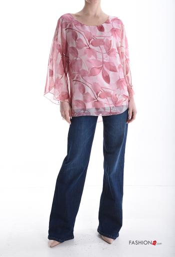 Blumenmuster volantärmel u-boot ausschnitt chiffon lange ärmel Bluse - ph 5