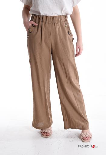 Pantalone in Lino wide leg con elastico con bottoni con tasche