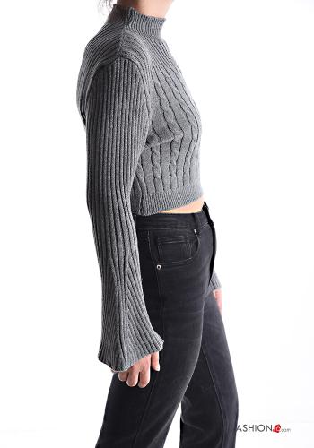 Gerippte kurz lange ärmel Strickpullover Rollkragen- - ph 3