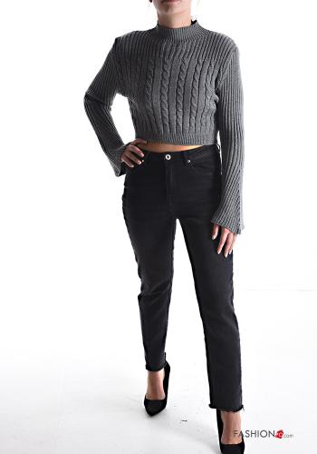 Gerippte kurz lange ärmel Strickpullover Rollkragen- - ph 5
