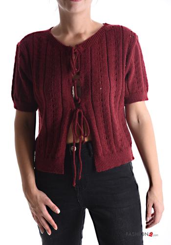 Cardigan maniche corte girocollo Fantasia ricamata con fiocco