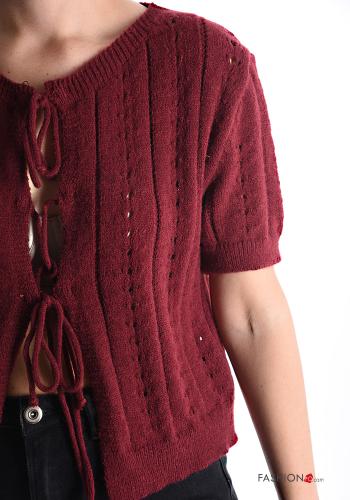 Cardigan maniche corte girocollo Fantasia ricamata con fiocco - ph 4