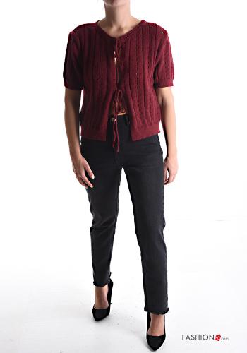 Cardigan maniche corte girocollo Fantasia ricamata con fiocco - ph 5