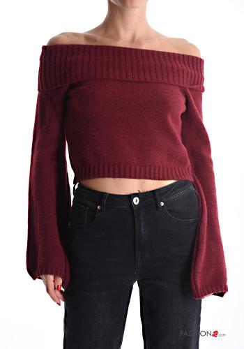 extra lange ärmel kurz Strickpullover aus Wollmischung bardot-ausschnitt
