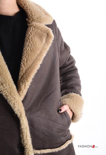 Kunstleder Kunstfell Mantel mit Knöpfen mit Taschen - ph 4