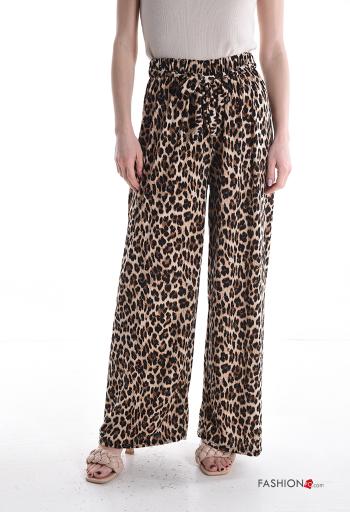 Calças wide leg Padrão animal com strass com elástico