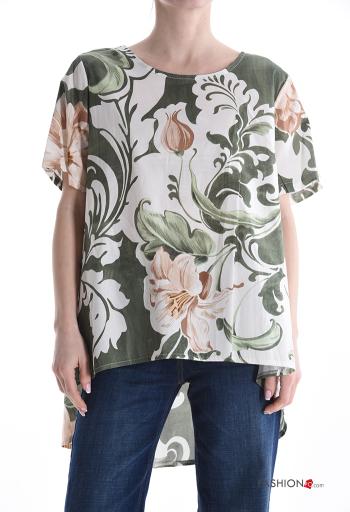 Blumenmuster kurze ärmel u-boot ausschnitt asymmetrisch Bluse aus Baumwolle - ph 1