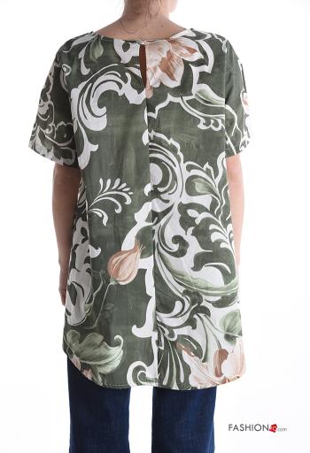 Blumenmuster kurze ärmel u-boot ausschnitt asymmetrisch Bluse aus Baumwolle - ph 2