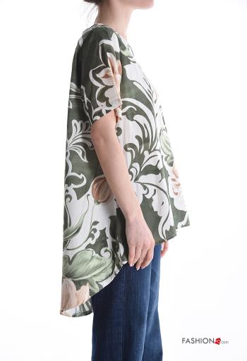 Blumenmuster kurze ärmel u-boot ausschnitt asymmetrisch Bluse aus Baumwolle - ph 3