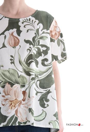 Blumenmuster kurze ärmel u-boot ausschnitt asymmetrisch Bluse aus Baumwolle - ph 4