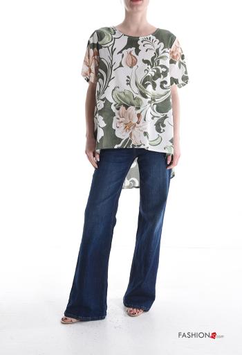 Blumenmuster kurze ärmel u-boot ausschnitt asymmetrisch Bluse aus Baumwolle - ph 5