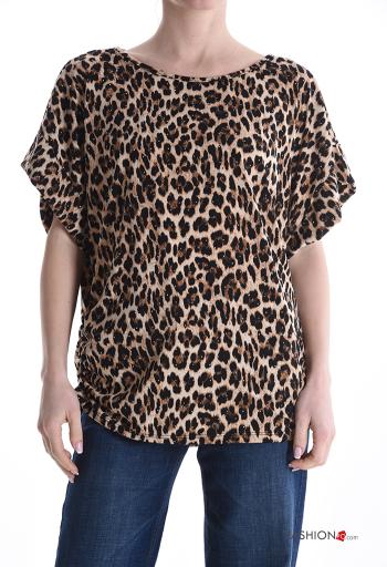 Animal print short sleeve crew neck shiny Blouse with rhinestones
