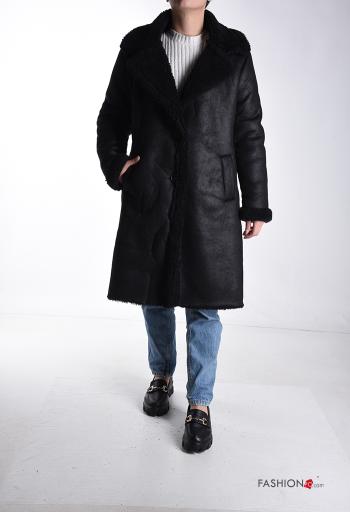 faux leather faux fur Coat with buttons without lining with pockets