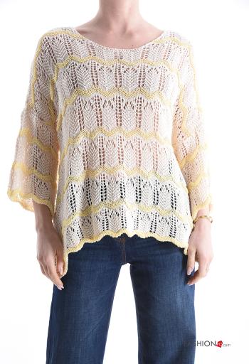 Streifenmuster Makramee u-boot ausschnitt Strickpullover aus Baumwolle - ph 1