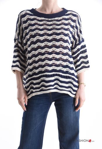 Streifenmuster u-boot ausschnitt Strickpullover aus Baumwolle 3/4 ärmel