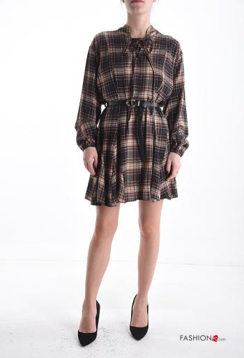 Abito maniche lunghe Fantasia tartan con cintura con fiocco