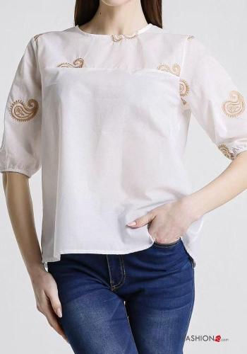 Blusa in Cotone maniche corte Fantasia ricamata - ph 1