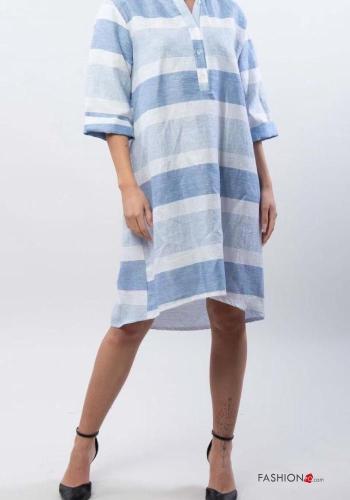 Vestido em Linho às riscas manga três quartos