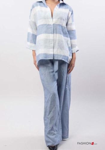 Coordinato in Lino maniche lunghe con colletto Fantasia righe con bottoni con elastico
