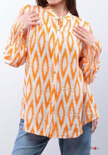 Camicia in Lino maniche lunghe Fantasia geometrica con bottoni