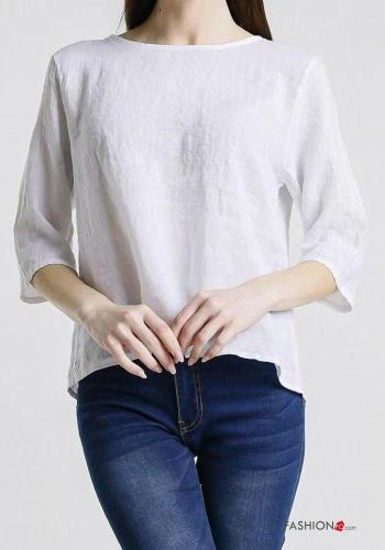 Top in Lino girocollo con bottoni