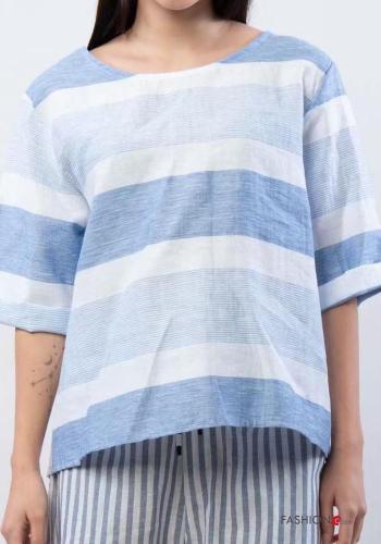 Blusa em Linho às riscas com botões manga três quartos - ph 1