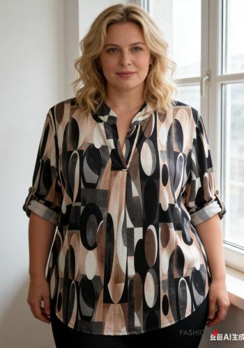 Camicia maniche lunghe Fantasia geometrica con bottoni scollo a V - ph 1